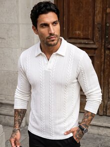 Manfinity CasualCool 男士純色領長袖素面 Polo 衫，適合工作、高爾夫、秋季、正式場合 - 白色 - 查看 6