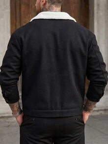 Manfinity CasualCool 2026新款男士新年聖誕萬聖節假期禮物休閒時尚設計極簡優雅百搭寬鬆黑色羊毛白色人造毛領長袖保暖毛衣 - 黑與白 - 查看 2