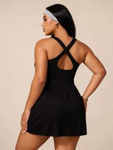 SHEIN Rhythm Era Rhythm Era Plus Size Women's Floral Print Criss-Cross Back Sports Dress With Shorts - Black - View 2