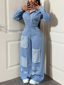 BamGleam Festival Standard Size Women's Blue Non-Stretch Distressed Patchwork Long Sleeve Denim Jumpsuit - Light Wash - View 3