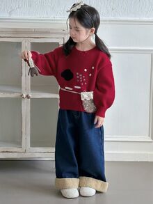 Dazy Kids 女童對比色圓領落肩長袖休閒針織衫 - 紅色 - 查看 3