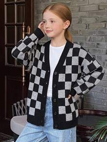 DAZY Tween Girl) Plaid Colorblock Loose Cardigan Casual Sweater Autumn/Winter Long Sleeve Open Front Jacket - Dark Grey - View 7