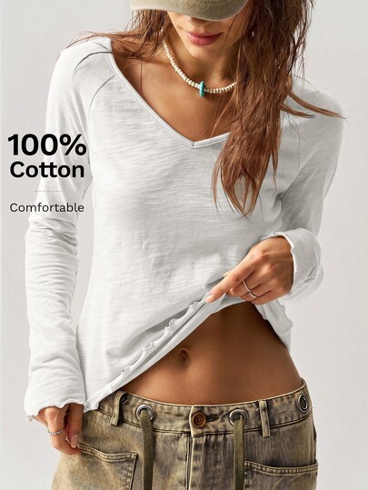 Bohemela V-Neck Long Sleeve Loose T-Shirt For Women Vacation BOHO Casual Autumn Winter