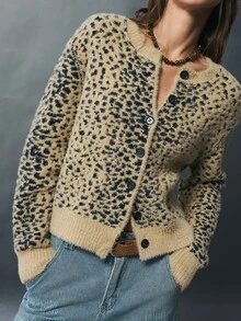 Bohemela Vintage Plush Leopard Print Jacquard Long Sleeve Knit Cardigan - Apricot - View 2