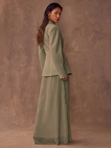 SHEIN BAE 女款純色翻領長袖夾克與百褶裙優雅套裝 2 件組 - 灰色 - 查看 7