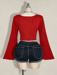 SHEIN ICON Women's Plus Size Textured Front Tie Top - Red - View 2