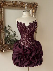 Lovelzi Elegant Romantic Lace Twisted Rope Patchwork Satin Bud-Shaped Design, With Fishbone Eyelash Lace Trim Short Skirt, Suitable For Pre-Wedding Party, Wedding And Graduation Prom. - Burgundy - View 1