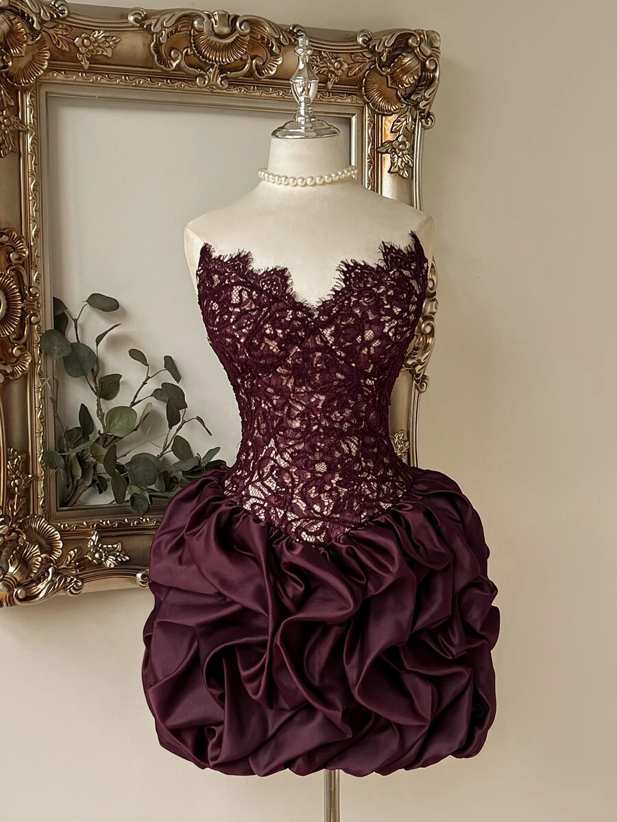 Lovelzi Elegant Romantic Lace Twisted Rope Patchwork Satin Bud-Shaped Design, With Fishbone Eyelash Lace Trim Short Skirt, Suitable For Pre-Wedding Party, Wedding And Graduation Prom. - Burgundy - View 1