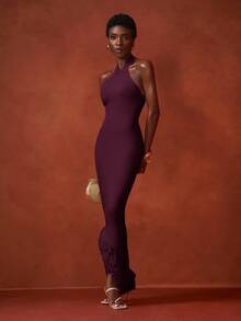 Zivah Women's Solid Color Fitted Elegant Halter Neck Knit Dress - Purple - View 6