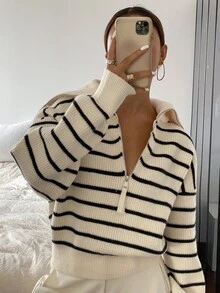 Livesso Petite 女款韓式條紋拼色半拉鍊針織衫 秋季 - 米色 - 查看 3