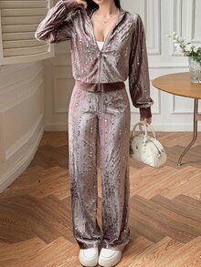 Livesso Pink Purple Sequin Decor V-Neck Hooded Zip-Up Long Sleeve Sweatshirt With Wide Leg Pants Casual 2 Pieces Set Fall - Dusty Pink - View 5