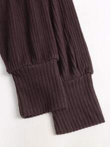 Sweetra Women's Autumn/Winter Fuzzy Ribbed Fabric V-Neck Batwing Sleeve Top & Straight Leg Pants Set - Red Violet - View 5