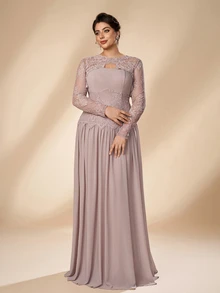 Serin Plus Size Elegant Romantic Champagne Lace Long Sleeve 2 Pieces Set French Lace Patchwork Chiffon Ruched Extra Large A-Line Skirt Suitable For Wedding Events Parties Celebrations All Formal Occasions Bride Mother Dress - Dusty Pink - View 5