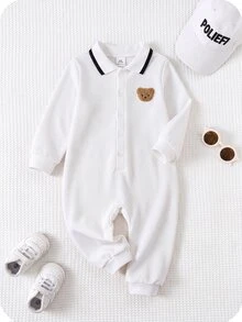 SHEIN 新生兒男嬰/女嬰秋冬款可愛卡通圖案 Polo 領長袖連身衣 - 白色 - 查看 6