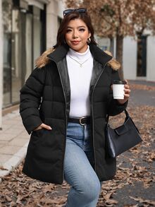 Reflora Plus Size Winter Fur Collar Hooded Warm Jacket - Black - View 6