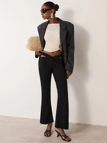 MERLEAU Women's Modern Black Hollow Waist Long Pants - Black - View 5