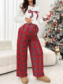 SHEIN Maternity Bowknot Pattern Long Sleeve Top And Adjustable Waist Long Pants Casual Daily 2 Pieces Set Fall Christmas Maternity Wear - Multicolor - View 6