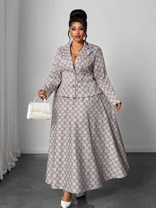 Maweii Plus Size Women's Casual Commute Elegant Woven Printed Autumn 2 Pieces Set Fall - Multicolor - View 2