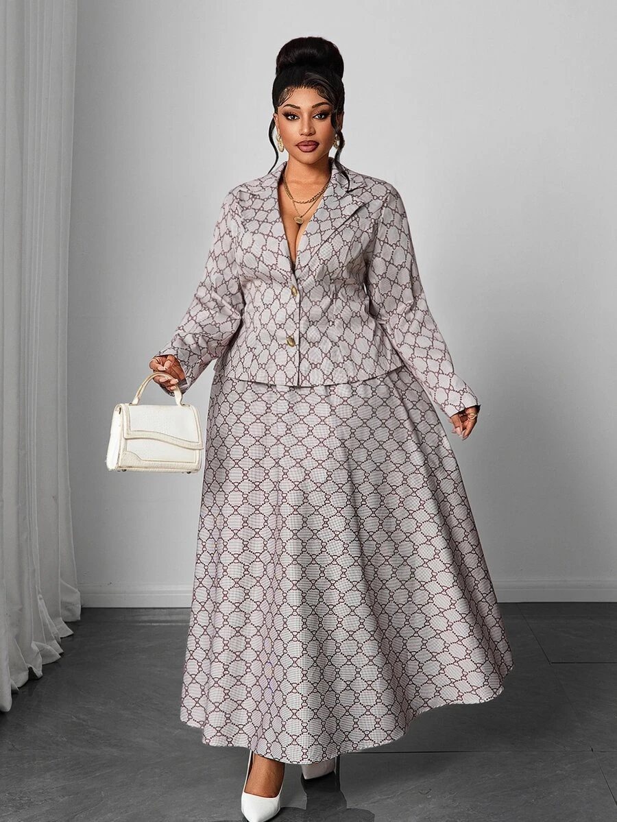 Maweii Plus Size Women's Casual Commute Elegant Woven Printed Autumn 2 Pieces Set Fall