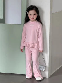 DAZY Young Girl Letter Print Ruffle Hem T-Shirt And Flare Pants Casual Set - Baby Blue - View 4