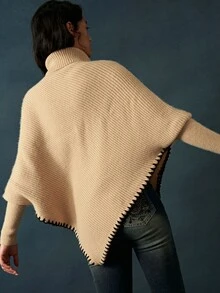 Bohemela Vintage High Neck Shawl Collar Shell Trim Knit Sweater - Apricot - View 7