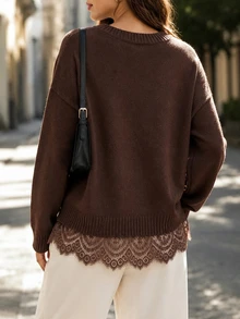 Editum Women's Solid Color Round Neck Drop Shoulder Long Sleeve Lace Hem Patchwork Sweater Brunch Dark Brown Autumn Casual - Brown - View 2