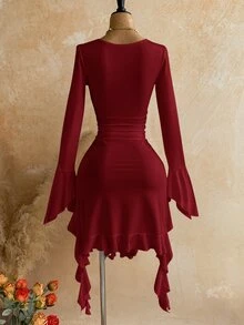 Soleia 女款時尚性感純色扭結荷葉邊中長洋裝 - 酒紅色 - 查看 2