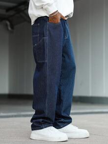 Manfinity Homme Quần jeans ống rộng sọc xanh size lớn phong cách streetwear casual cho nam - Rửa tối - Xem 7