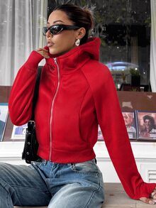 SHEIN EZwear 女款休閒舒適秋冬紅色連帽開襟長袖運動衫 - 紅色 - 查看 1