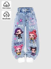 Young Girl Girls Collection - 青少女 Y2K 風格 K-POP 卡通女孩印花寬腿牛仔褲，休閒街頭風寬鬆水洗丹寧長褲，適合返校日常穿著 - 淺色水洗藍 - 查看 1