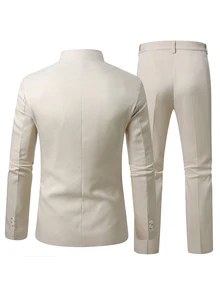 Manfinity Mode Men's Solid Color Long Sleeve Jacket And Pants Casual Suit Set - Beige - View 2