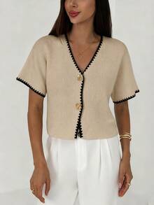 Aloruh Women's Metal Button Shell Embroidery Knit Thin Cardigan - Khaki - View 8