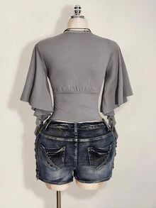 SHEIN ICON 女款大尺碼交叉V領抓褶純色T恤 - 灰色 - 查看 2