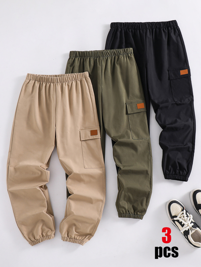 SHEIN 3 piezas Compra 1 Obtén 2 Pantalones Jogger Casuales Estilo Deportivo Callejero para Niños y Adolescentes Varones, Pantalones Jogger Verdes, Pantalones Jogger Negros, Pantalones Jogger Caqui, Pantalones Cargo, Adecuados para Otoño/Invierno, Escuela, Reuniones Familiares, Vacaciones, Fiestas, Atuendo de Otoño, Atuendo de Invierno