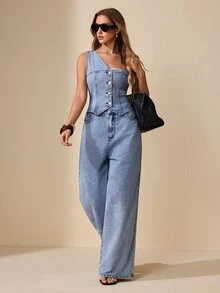Selenza Women's One-Shoulder Wide-Leg Denim Jumpsuit - Blue - View 7