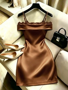 SHEIN Franclia 優雅通勤風蕾絲飾邊露肩細肩帶洋裝 - 咖啡 - 查看 2