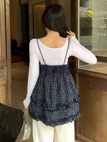 DAZY V-Neck Spaghetti Strap Sleeveless Deep Blue & White Plaid Fabric Cinched Waist Multi-Layer Ruffle Hem Women's Tank Top Fall - Blue - View 6