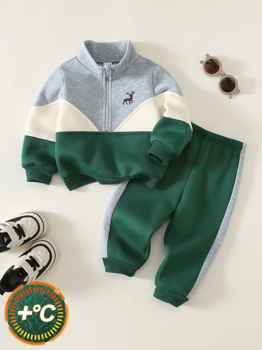 SHEIN 2pcs Baby Boy Baby Girl Baby Boy Letter Pattern Knitted Soft Contrast Color Crew Neck Long Sleeve Pullover Sweatshirt Elastic Waist Long Pants Autumn/Winter Two Pieces Set