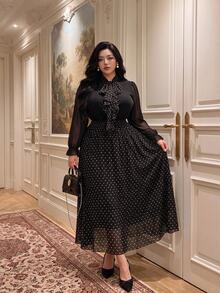 Vibekara Plus Size Elegant Sophisticated Fitted Patchwork Waist-Cinched Dress Fall - Pink - View 4