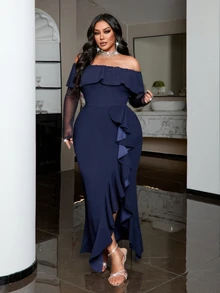 NU&NOW Robe Grande Taille avec Volants et Fente Volants Automne - Bleu marine - Voir 6