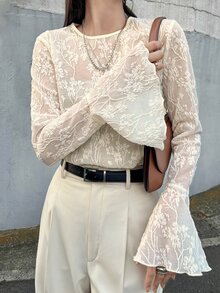 Dazy Kids 青少年女孩甜美蕾絲喇叭袖度假風秋季T恤 - 杏色 - 查看 1