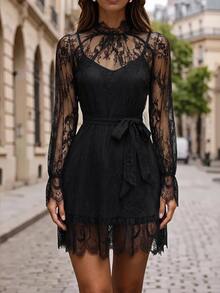 Editum Women's Lace Patchwork Pleated Sexy Date & Casual Dress - Black - View 7