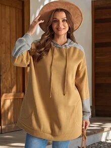 EMERY ROSE Plus Size Colorblock Waffle Knit Drawstring Hooded Long Sleeve Sweatshirt Casual Streetwear Fall Winter 2026 Holiday Beach - Multicolor - View 6