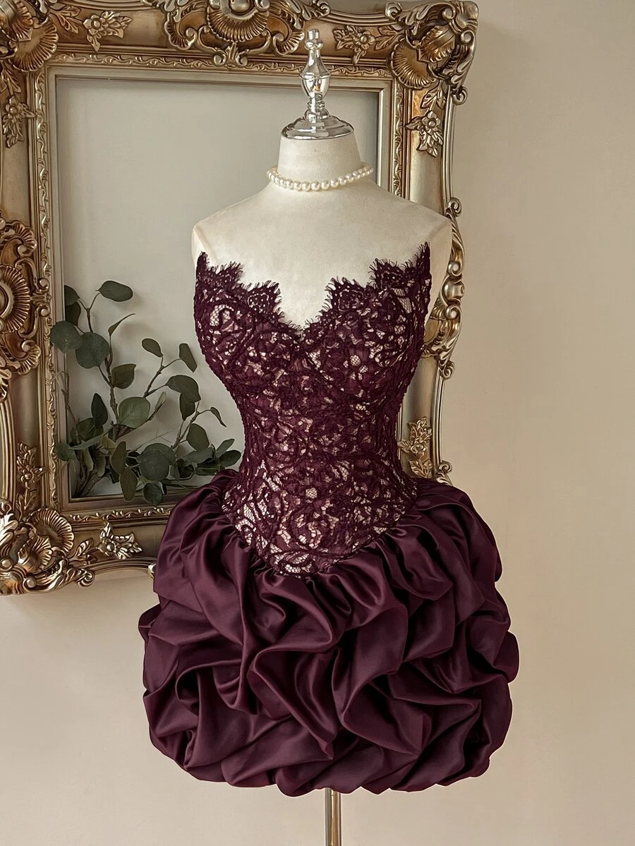 Lovelzi Elegant Romantic Lace Twisted Rope Patchwork Satin Bud-Shaped Design, With Fishbone Eyelash Lace Trim Short Skirt, Suitable For Pre-Wedding Party, Wedding And Graduation Prom. - Burgundy - View 1