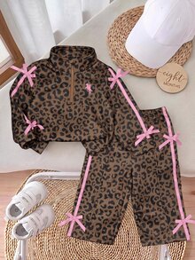 SHEIN Baby Girl Leopard Print Bow Decor Sweatshirt & Elastic Waist Long Pants Set - Brown - View 6