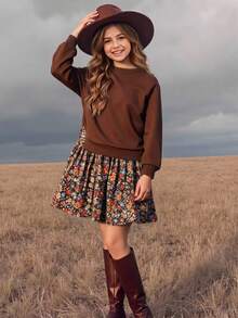 SHEIN 1pc Girls Brown Sweatshirt Patchwork Print 2 In 1 Dress, Casual Daily Dress For Autumn - Brown - View 1