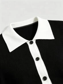 Sweetra Black & White Contrast Color Lapel Casual Fashion Commute Modern Elegant Charming Knit Cardigan For Women - Black and White - View 4
