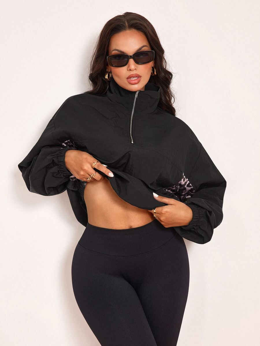 Slayform Sweatshirt Half Zip Motif Leopard Color Block, Lengan Panjang Kerah Tegak dengan Tali Serut di Bagian Bawah, Pullover Olahraga Longgar untuk Jogging Luar Ruangan Sehari-hari