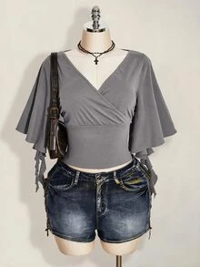 SHEIN ICON 女款大尺碼交叉V領抓褶純色T恤 - 灰色 - 查看 1