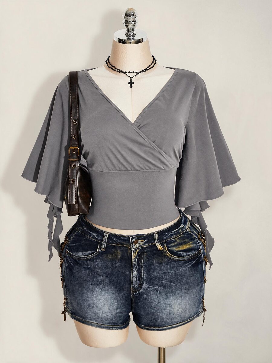 SHEIN ICON 女款大尺碼交叉V領抓褶純色T恤 - 灰色 - 查看 1
